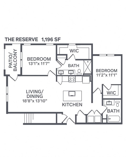 Floor plan for 2 beds, 2 baths, 1196 sqft