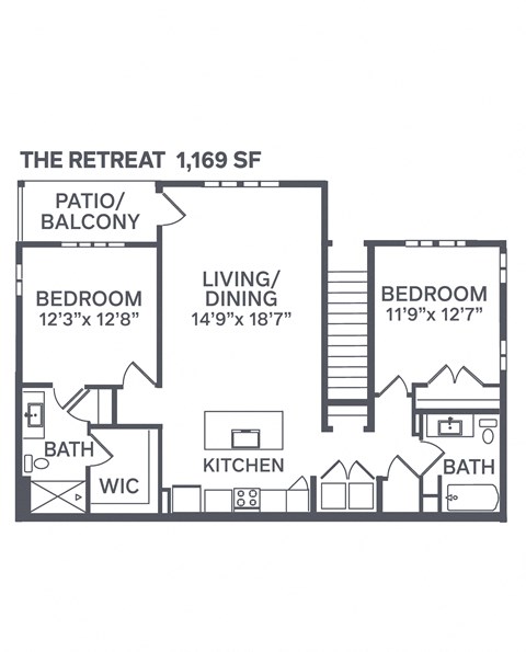 Floor plan for 2 beds, 2 baths, 1169 sqft