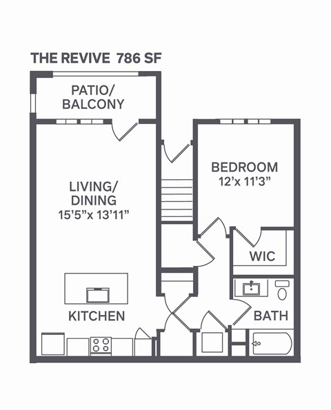 Floor plan for 1 bed, 1 bath, 786 sqft