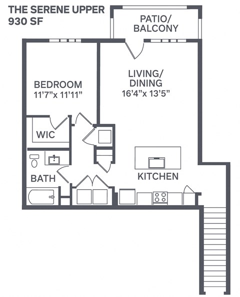 Floor plan for 1 bed, 1 bath, 930 sqft