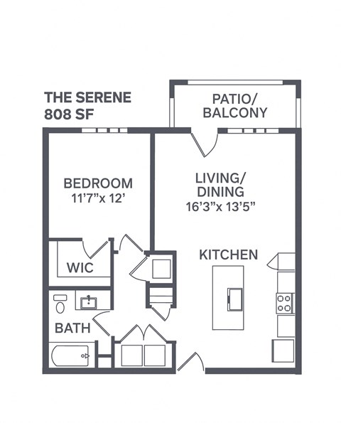 Floor plan for 1 bed, 1 bath, 808 sqft