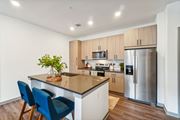 Greeley apartment for rent - a kitchen with a large island and a stainless steel refrigerator at Premier at West Park Luxury Apartment Homes, Greeley