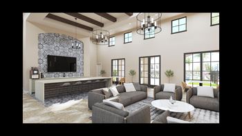 A rendering of a living room with couches and a fireplace