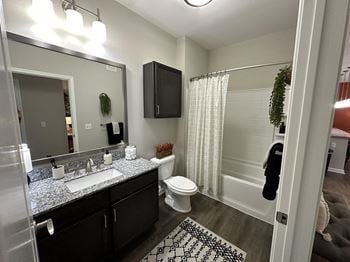 A bathroom with a shower toilet and sink and a mirror