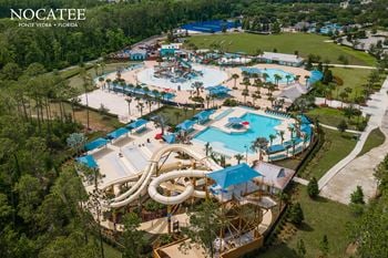 Aerial view of water park with slides and pools