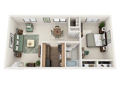 Floor plan for 1 bed, 1 bath, 648 sqft