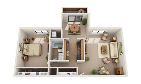 Floor plan for 1 bed, 1 bath, 880 sqft