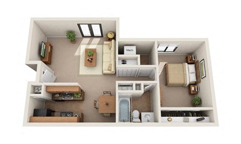 Floor plan for 1 bed, 1 bath, 600 sqft