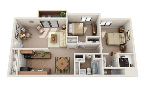 Floor plan for 2 beds, 2 baths, 800 sqft