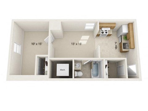 Floor plan for 1 bed, 1 bath, 557 sqft