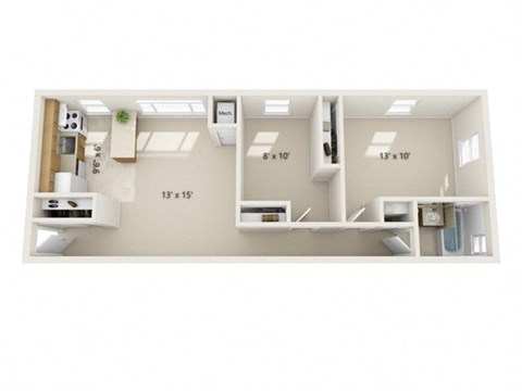 Floor plan for 2 beds, 1 bath, 694 sqft