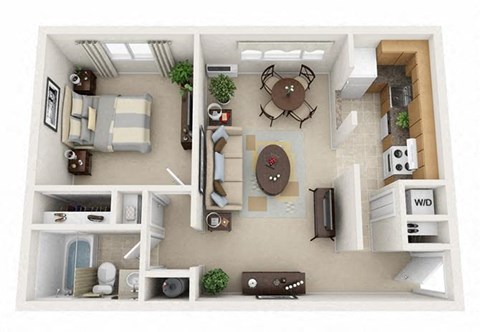 Floor plan for 1 bed, 1 bath, 630 sqft