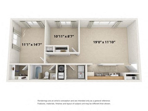 Floor plan for 2 beds, 1.5 baths, 903 sqft