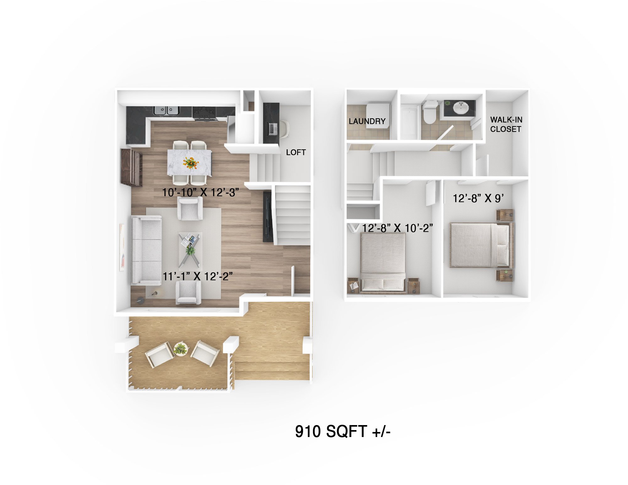 Floor plan for 2 beds, 1 bath, 910 sqft