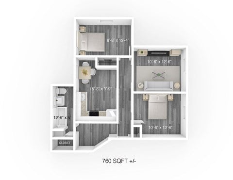 Floor plan for 2 beds, 1 bath, 760 sqft