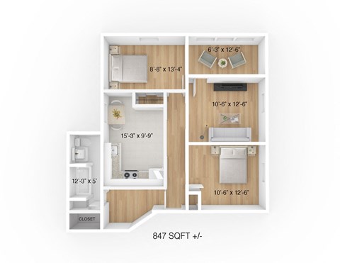 Floor plan for 2 beds, 1 bath, 847 sqft