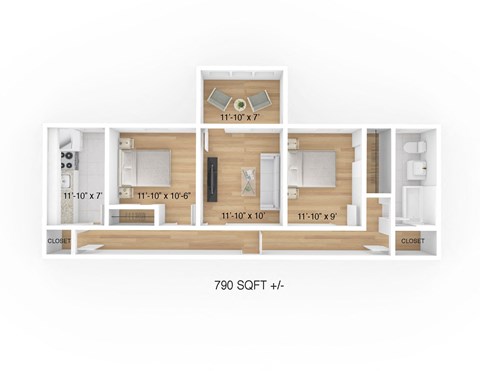 Floor plan for 2 beds, 1 bath, 790 sqft