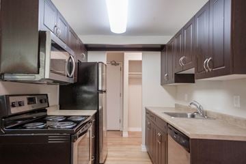 Winnipeg apartment for rent - a kitchen with dark wood cabinets and stainless steel appliances