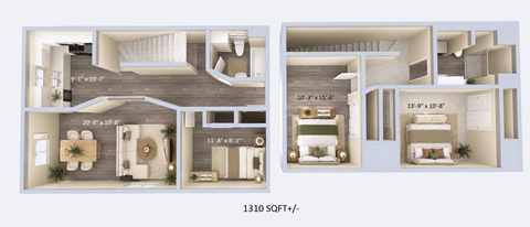 Floor plan for 3 beds, 2 baths, 1285 sqft