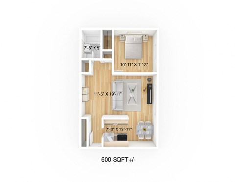 Floor plan for 1 bed, 1 bath, 600 sqft
