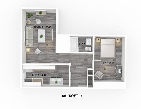 Floor plan for 1 bed, 1 bath, 591 sqft