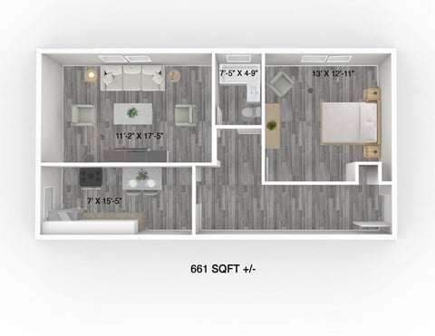 Floor plan for 1 bed, 1 bath, 661 sqft