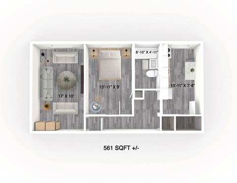 Floor plan for 1 bed, 1 bath, 561 sqft