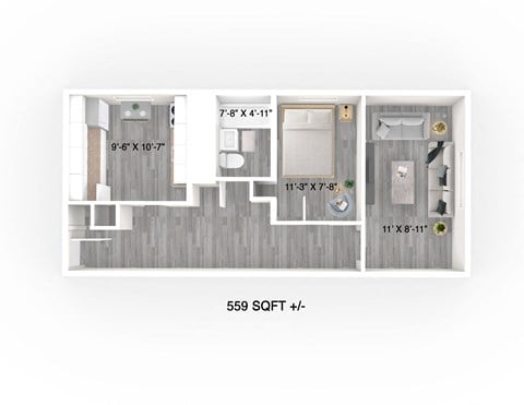 Floor plan for 1 bed, 1 bath, 559 sqft