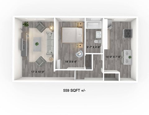 Floor plan for 1 bed, 1 bath, 559 sqft