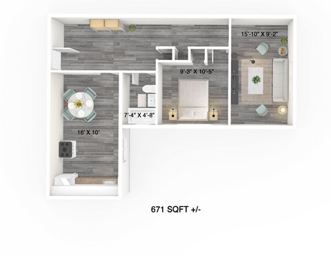 Floor plan for 1 bed, 1 bath, 671 sqft