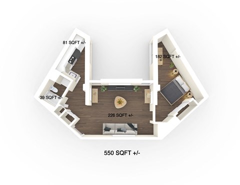 Floor plan for 1 bed, 1 bath, 751 sqft
