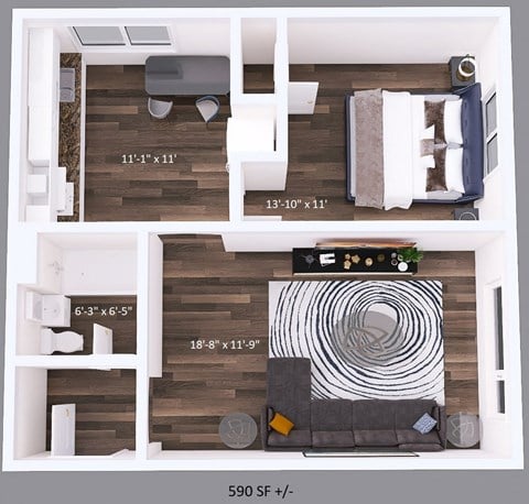Floor plan for 1 bed, 1 bath, 590 sqft