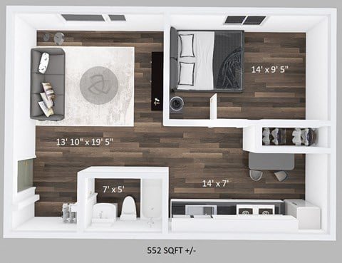 Floor plan for 1 bed, 1 bath, 566 sqft