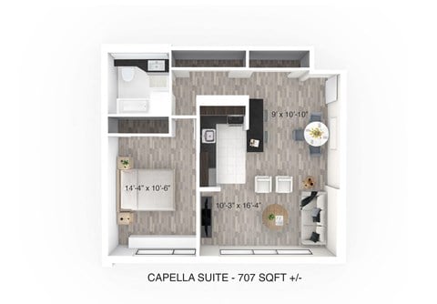 Floor plan for 1 bed, 1 bath, 707 sqft