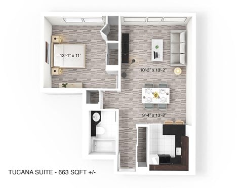 Floor plan for 1 bed, 1 bath, 663 sqft