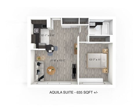 Floor plan for 1 bed, 1 bath, 635 sqft