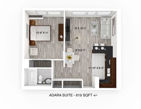 Floor plan for 1 bed, 1 bath, 619 sqft