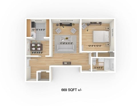 Floor plan for 1 bed, 1 bath, 631 sqft