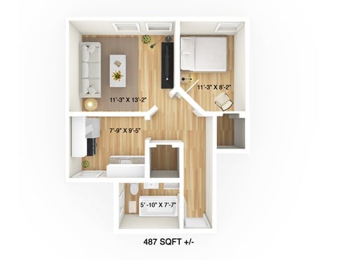 Floor plan for 1 bed, 1 bath, 487 sqft