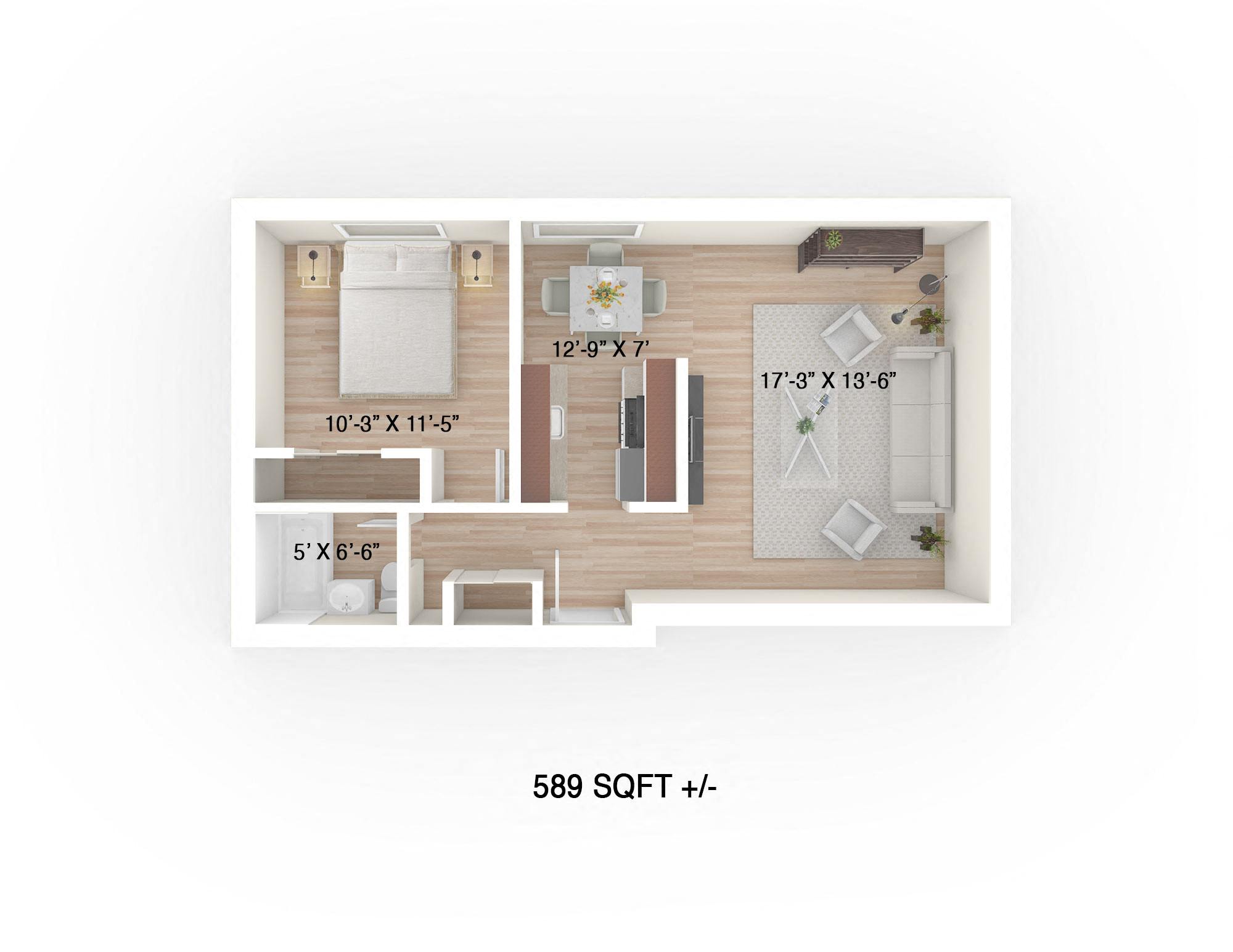 Floor plan for 1 bed, 1 bath, 586 sqft