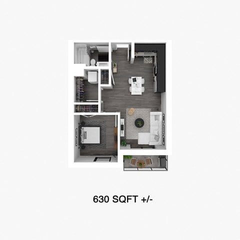 Floor plan for 1 bed, 1 bath, 630 sqft