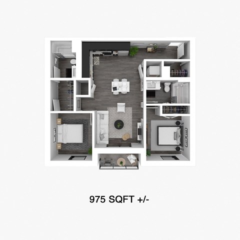 Floor plan for 2 beds, 2 baths, 960 sqft