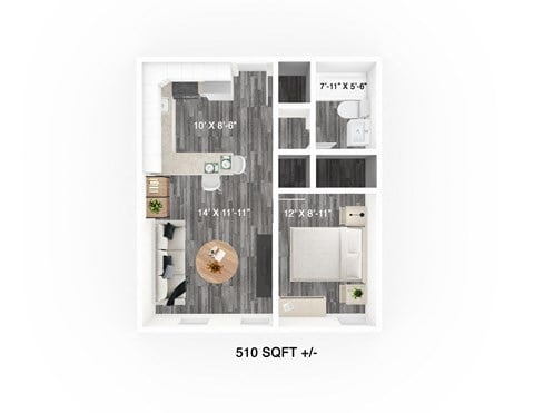 Floor plan for 1 bed, 1 bath, 510 sqft
