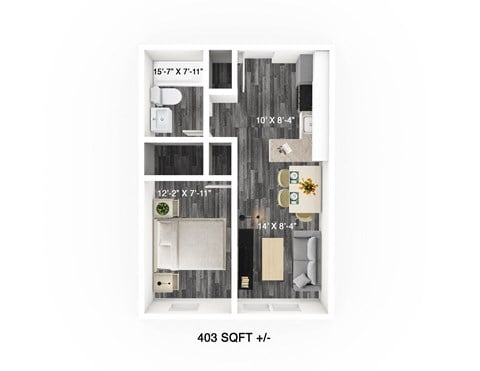 Floor plan for 1 bed, 1 bath, 403 sqft