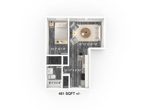 Floor plan for 1 bed, 1 bath, 461 sqft