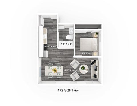 Floor plan for 1 bed, 1 bath, 472 sqft
