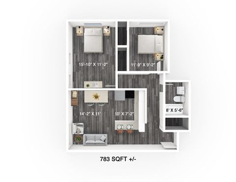 Floor plan for 2 beds, 1 bath, 783 sqft