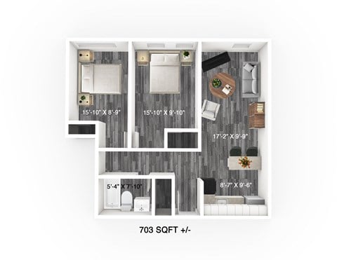 Floor plan for 2 beds, 1 bath, 703 sqft