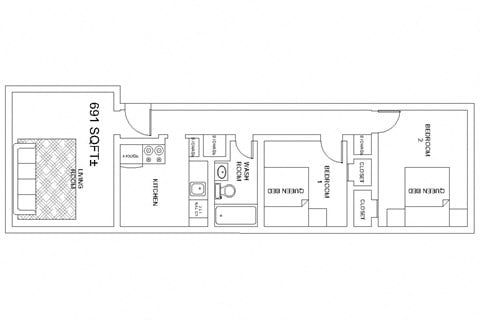 Floor plan for 2 beds, 1 bath, 691 sqft