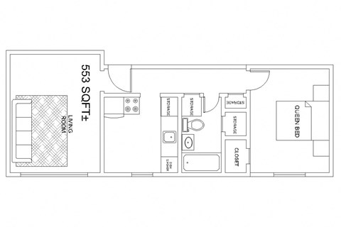 Floor plan for 1 bed, 1 bath, 553 sqft